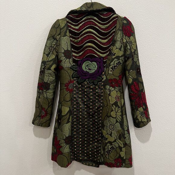 Neslay Paris Women Sz S Jacquard Long Blazer Jacket Black Green Floral Fairy - Picture 6 of 10